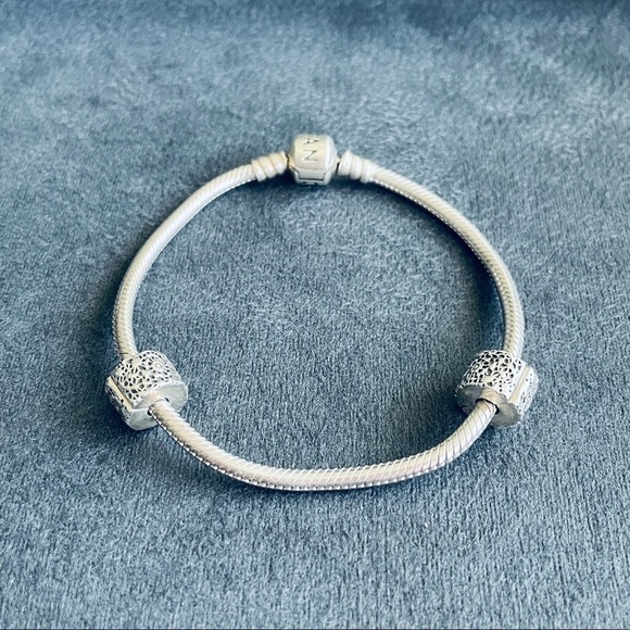 Authentic Pandora Snake Chain Bracelet With 2 Layers of Lace Clip Charm … - Picture 2 of 5